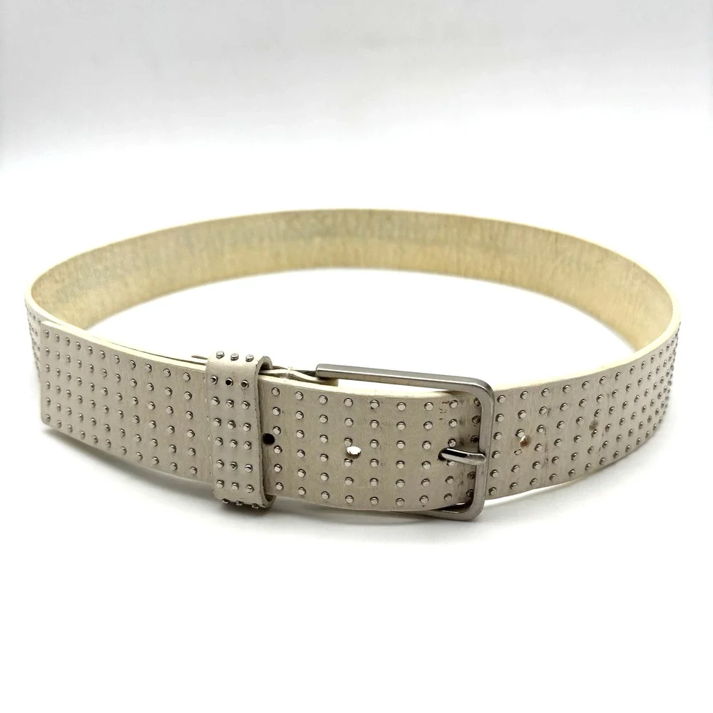 Vintage Y2K GUESS 354001G White Genuine Leather 6-row Mini Studded Belt M 31-35